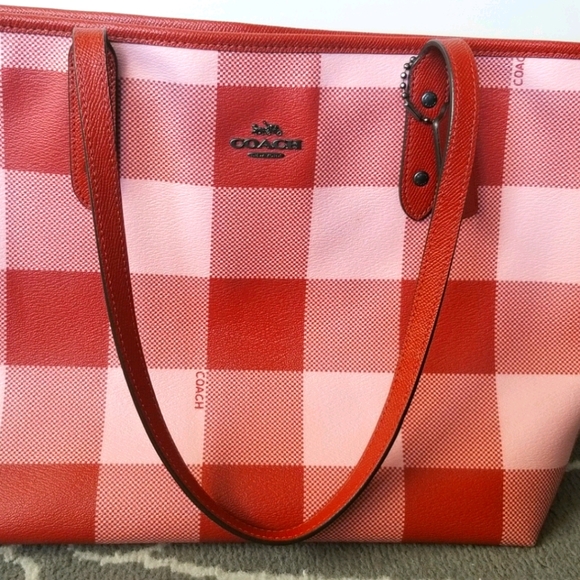 Coach plaid tote(buffalo plaid, red and rose) NWOT - Picture 4 of 15